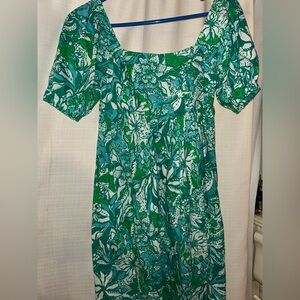 Lilly pulitzer botanical green tropical print short puff sleeve dress